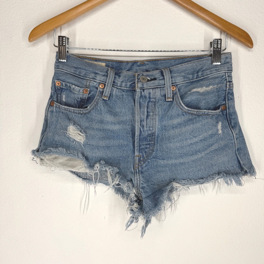 Levis 501 Cut Off Distressed Denim Jean Shorts Boho Indie 25 Button Fly Festival